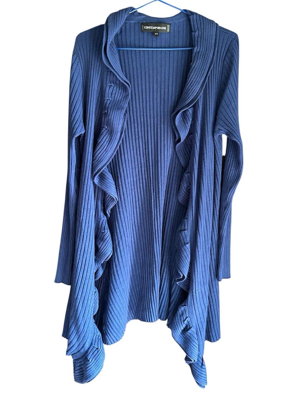 Simons Contemporaine Blue Ruffled Open-Front Ribbed Cardigan